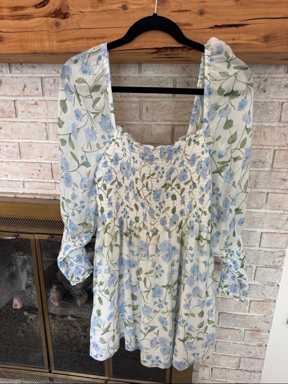 Hill House Floral Smocked Square-Neck dress in Cream, Blue & Green